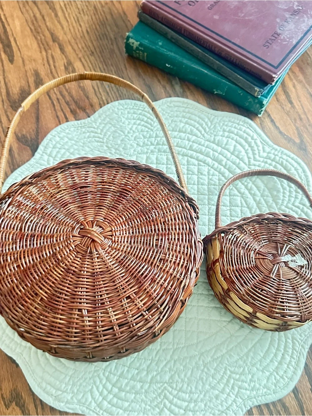 Vintage wicker rattan wall pocket baskets set of 2